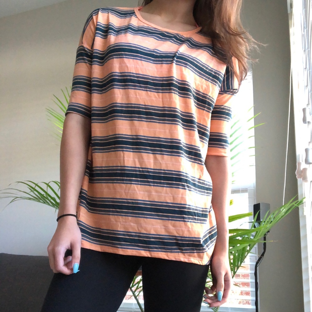 LuLaRoe Orange and Blue Stripe Classic Tee